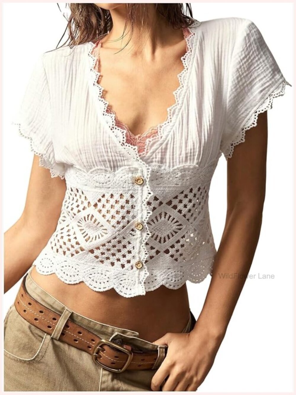 Boho Lace V-Neck Button Down Crop Top Blouse